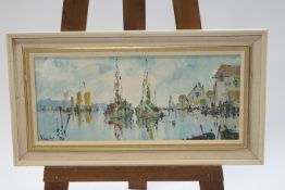 George Deakin, Moored Boats, oil on board, signed and dated '89 lower left, 24cm x 56.