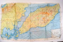 A WWII silk escape map scarf showing Siam, Malaya and Sumatra,