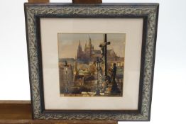 Contemporary Continental School, Town scene with religious sculptures, watercolour,