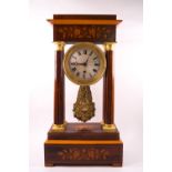 A 19th century rosewood Portico clock in the Empire style with box wood line and floral inlays,