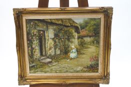 L Becker, Maiden picking flowers outside a thatched cottage, oil on canvas, signed lower left, 39.
