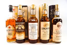 5 bottles of whisky : 1 Longmorn 15 year old (750ml, 43% proof, in tube); 1 Ledaig 14 year old,