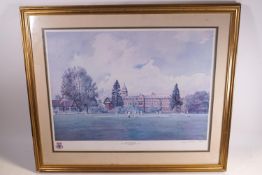 A framed cricket print, signed by the artist, David Gibson, Old Devonians V Gloucester Gypsies,