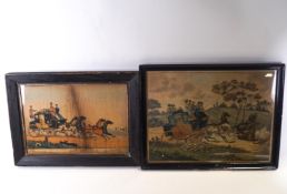 After Henry Alken, 'London Coach' and 'Behind Time', hand coloured engravings, 29.5cm x 39.