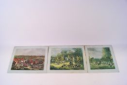 Various hunting prints and two 19th century caricature sketches,