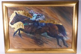 D M Dent, Racehorse jumping, oil on canvas,