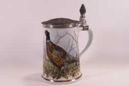 A Franklin porcelain game bird stein with pewter lid