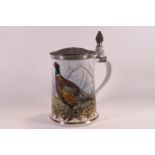 A Franklin porcelain game bird stein with pewter lid