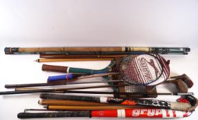 Various fishing rods, squash racquets,
