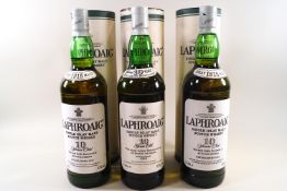 Three bottles of Laphroaig 10 year old whisky, 43% proof, 1 litre,