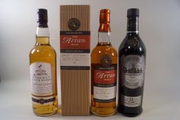 3 bottles of whisky comprising : 1 Arran Cask Whisky, Bottle 91 of 348, bottled 11/10/2002 (700ml,