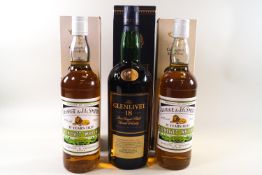 Three bottles of whisky comprising two bottles of George & J G Smiths Glenlivet 15 years old whisky,