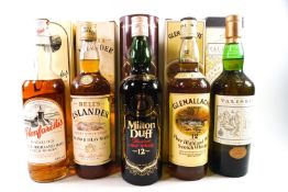 5 bottles of whisky comprising : 1 Miltonduff 12 year old (43% proof, in tube); 1 Talisker (750ml,