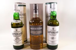 Three bottles of whisky comprising two bottles of Laphroaig 10 year old whisky, 40% proof, 700ml,