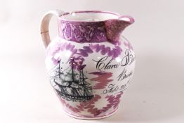 A 19th century Sunderland lustre jug printed with ships and inscribed 'Clara Boutletts Burton Feb