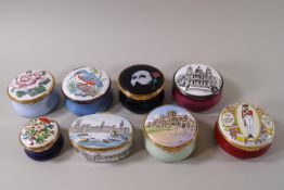 Eight enamel trinket boxes by various makers: Worcestershire, Bilston and Battersea, Crummles,