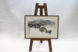 Two 20th century Japanese watercolours of figures in landscapes, 66cm x 46.