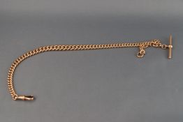 A rose gold graduated Albert chain with T-bar and swivel clasp, stamped 15 and 625, 61.