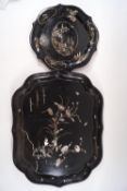 A Jennings & Bettridge paper mache tray and plate with mother of pearl inlaid decoration,