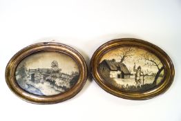 A pair of Regency silk work pictures of a river landscape and a boy planting a tree,