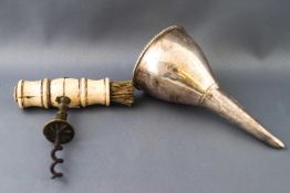 A George IV corkscrew the turned bone handle with bristle brush, overall 12.