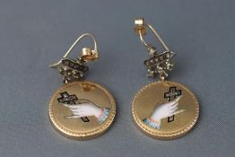 A pair of Victorian Italian earrings with enamelled religious motif and set with old rose cut