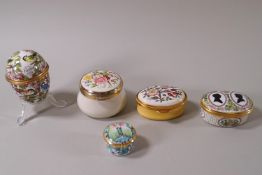 Five enamel trinket boxes, one modelled as an egg, by Birmingham Mint, Halcyon Days,