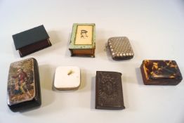 A19th century papier mache snuff box, a 19th century tortoiseshell box, two match box covers,