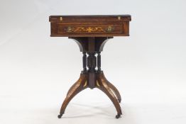 A 19th century inlaid rosewood envelope card table with drawer, 71cm high x 54.