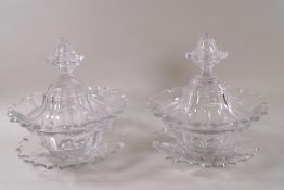 A pair of early 20th century glass eight sided bon-bon dishes with covers and stands,