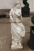 A pair of garden painted fibreglass figures of maidens on square plinth bases,