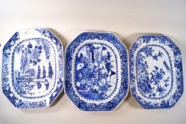 Three 18th/19th century octagonal blue and white Chinese serving dishes,