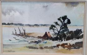 Denis Lord, Pin Mill, Suffolk, watercolour, signed lower left, 32.