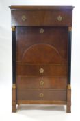 A 19th century Continental mahogany Secretaire abatant, with parcel gilt and ebonised columns,