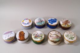 Nine enamel trinket boxes, mostly by Crummles, varous subjects to the lids, 6.