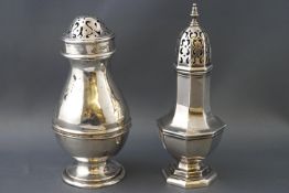 A George V silver sugar caster, of baluster form, 12cm high, London 1910, and another 11.