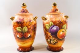 A pair of Bone china Peter Gosling two handled urn and covers, painted with fruits,