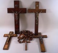 A large wooden and spelter crucifix with burr wood inlay, 40.5cm x 22.