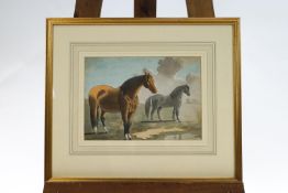English School, late 18th century, Two horses, pen and ink and watercolour,