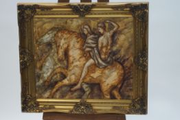 M Tapiz (Continental), 20th century, 'Horses and Riders', oil on canvas, signed lower right,
