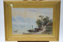 Edwin Earp (1851-1945), Mountainous lake scene with figures and boats, watercolour,