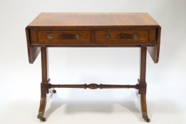 An early 20th century mahogany sofa table, the splayed legs with brass paw terminals and casters,