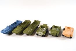 Dinky - Three DUKW Amphibians 2X green, 1 x blue and three Ferret Scout cars,