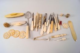 A collection of Victorian and later ivory and bone sewing items