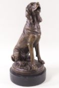 After P J Mene, a seated bloodhound, bronze, on a circular marble base, signature to base,