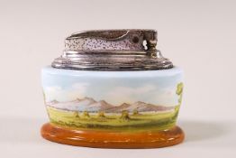 A Minton porcelain table lighter with transfer printed decoration of a flying pheasant,