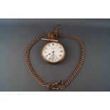 A gold plated Waltham open faced pocket watch with attached rose gold graduated albert chain.