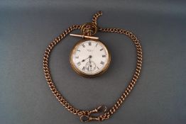 A gold plated Waltham open faced pocket watch with attached rose gold graduated albert chain.