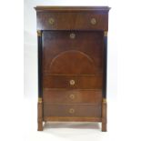 A 19th century Continental mahogany Secretaire abatant, with parcel gilt and ebonised columns,