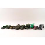 Dinky - A Centurion tank, No 657, Two Army 1 ton Cargo trucks, a Top Deficient,